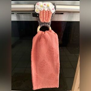 Handmade Crochet Cupcake Kitchen Towel Holder with Pink Towel